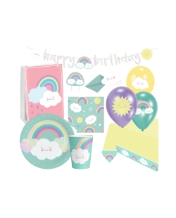 Party Set Arcoiris Y Nube: Plat, Vas, Serv, Mant, Guirn... 